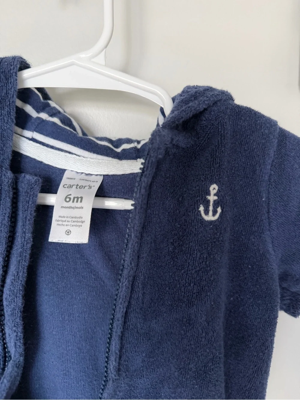 Carter's Navy Hooded Terry Romper with Anchor